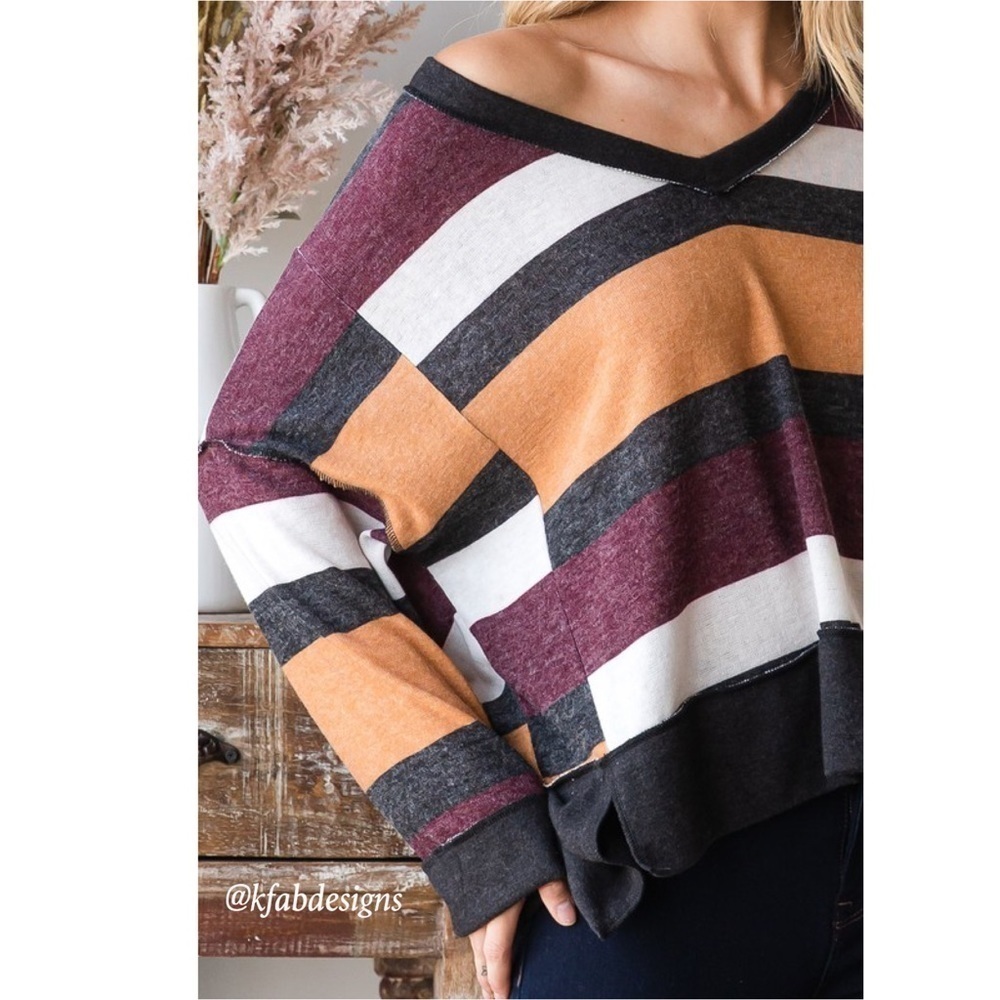 LAST 2! V Neck Large Striped Soft Top In a Relaxed Style and Rich Colors! - Picture 7 of 7